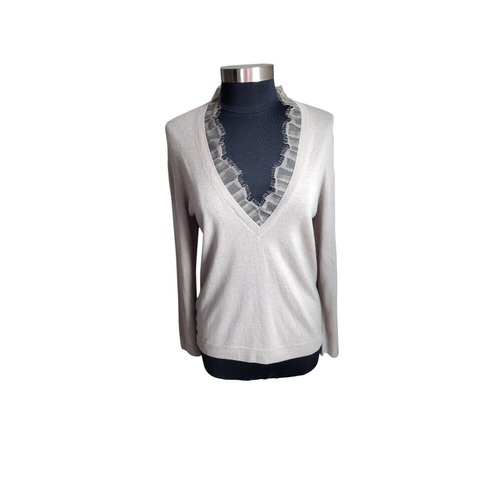 IRO Haby Wool &Silk Blend Sweater Deep V-Neck Eyelash Lace Trim Sz Medium Taupe